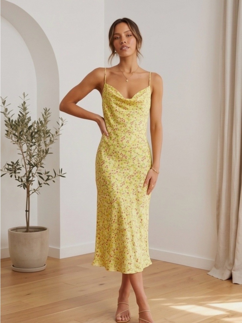 BCBGeneration Yellow Floral Slip Midi Dress - Women's